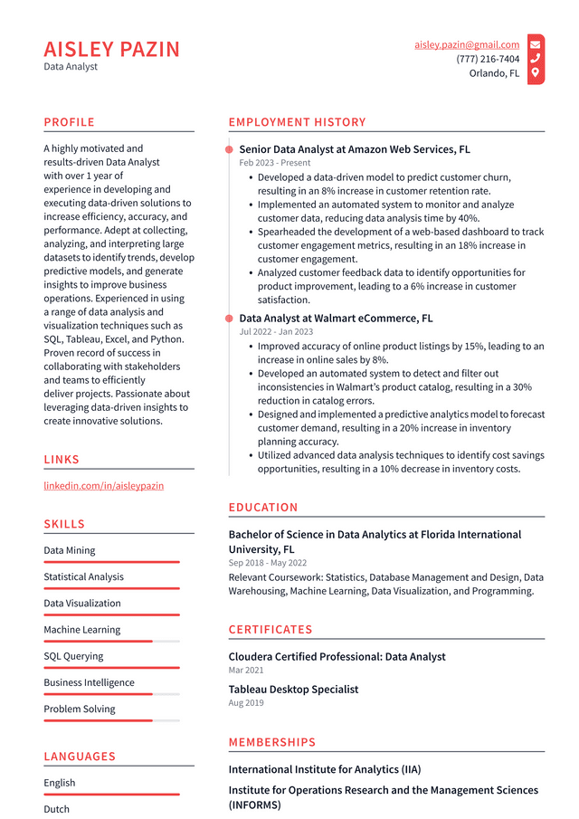 CVS Data Analyst Resume Example