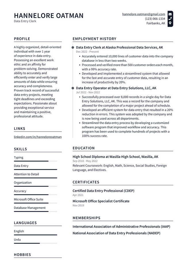 CVS Data Entry Clerk Resume Example