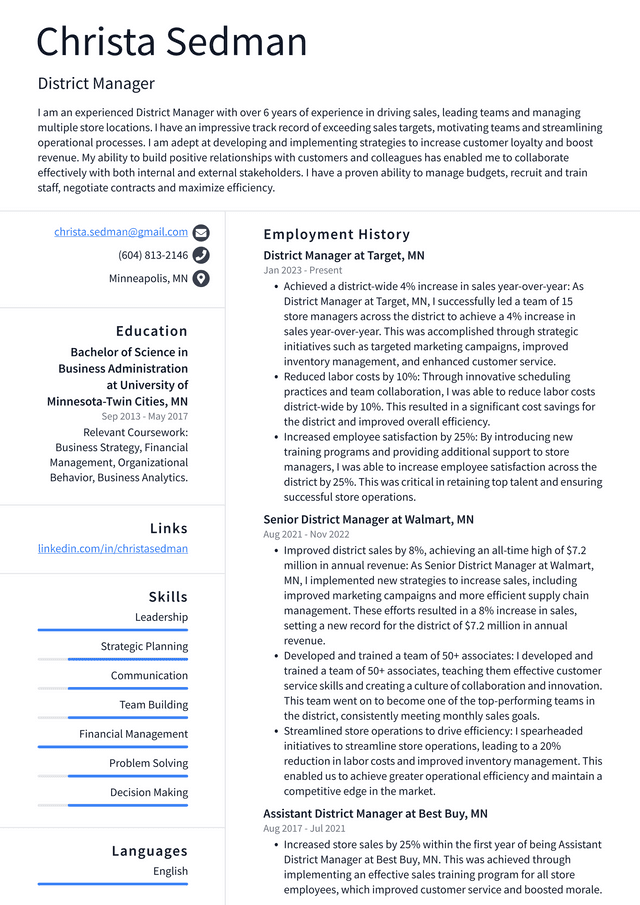 CVS District Manager Resume Example