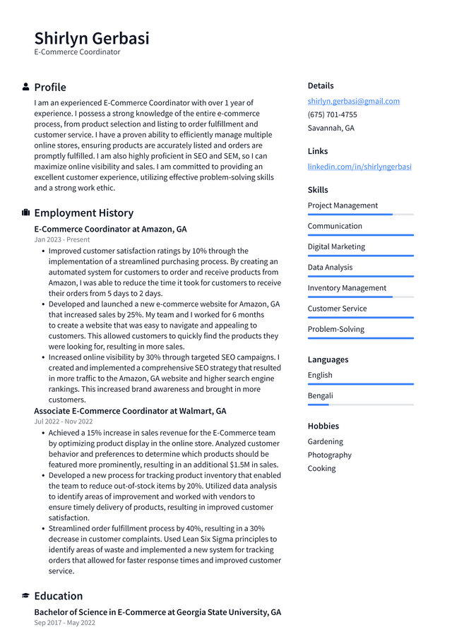 CVS E-Commerce Coordinator Resume Example