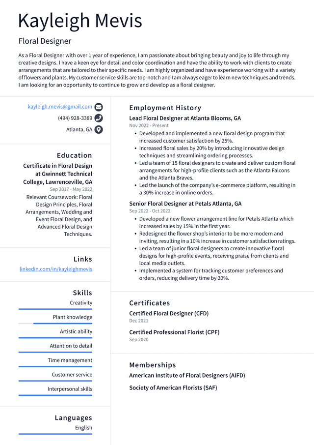 CVS Floral Designer Resume Example