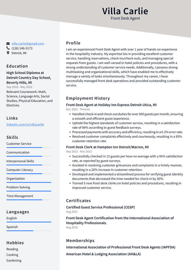 CVS Front Desk Agent Resume Example