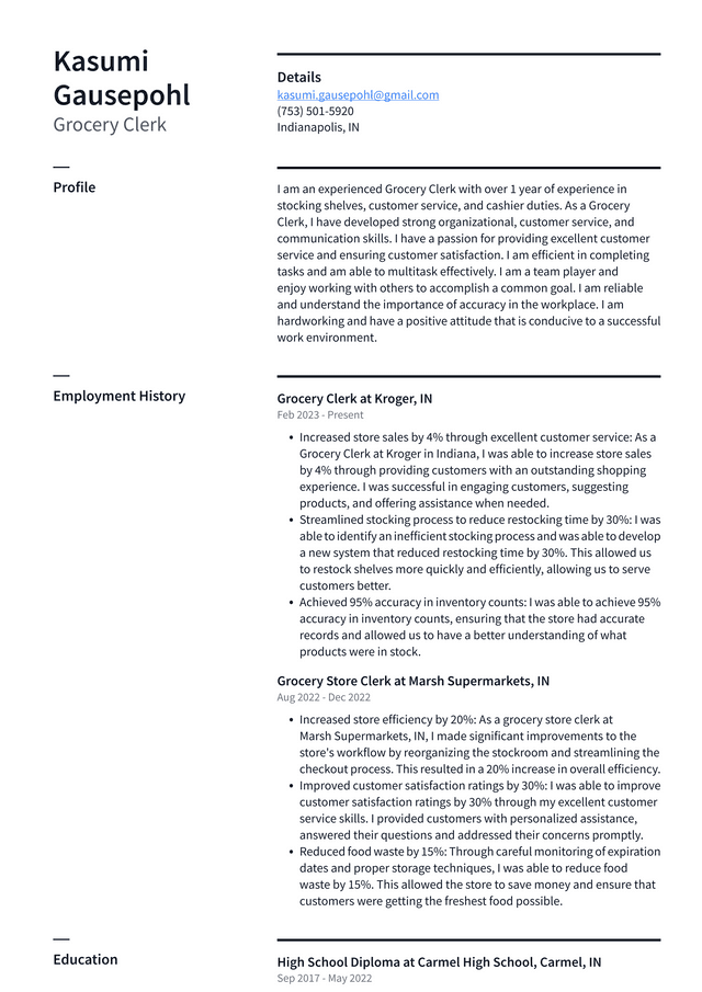 CVS Grocery Clerk Resume Example