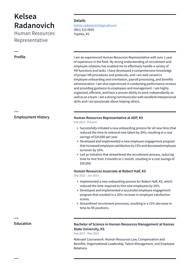 CVS Human Resources Representative Resume Example