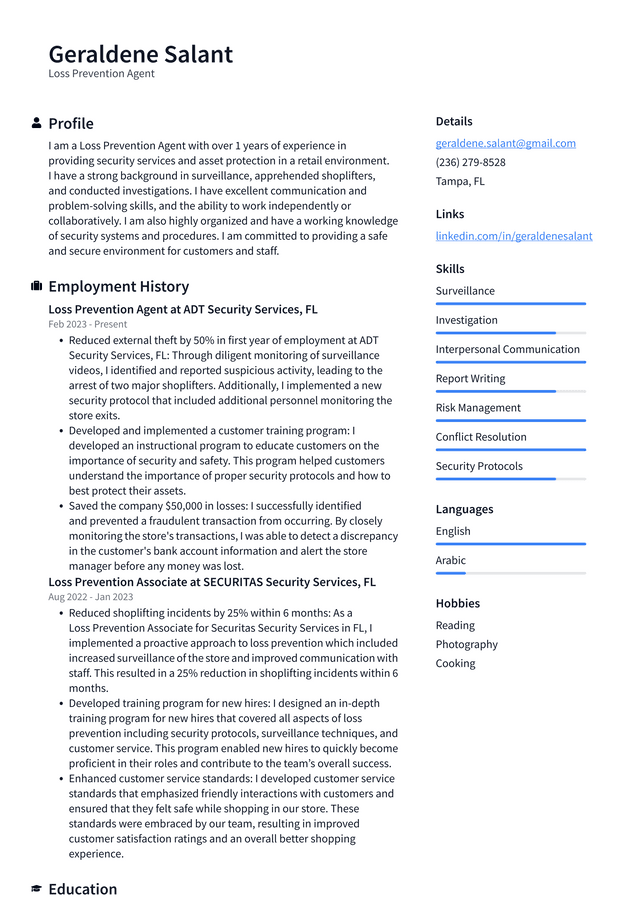CVS Loss Prevention Agent Resume Example