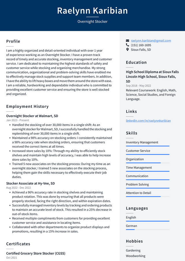 CVS Overnight Stocker Resume Examples ResumeCat