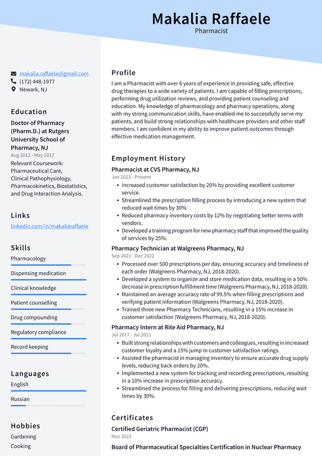 CVS Pharmacist Resume Example