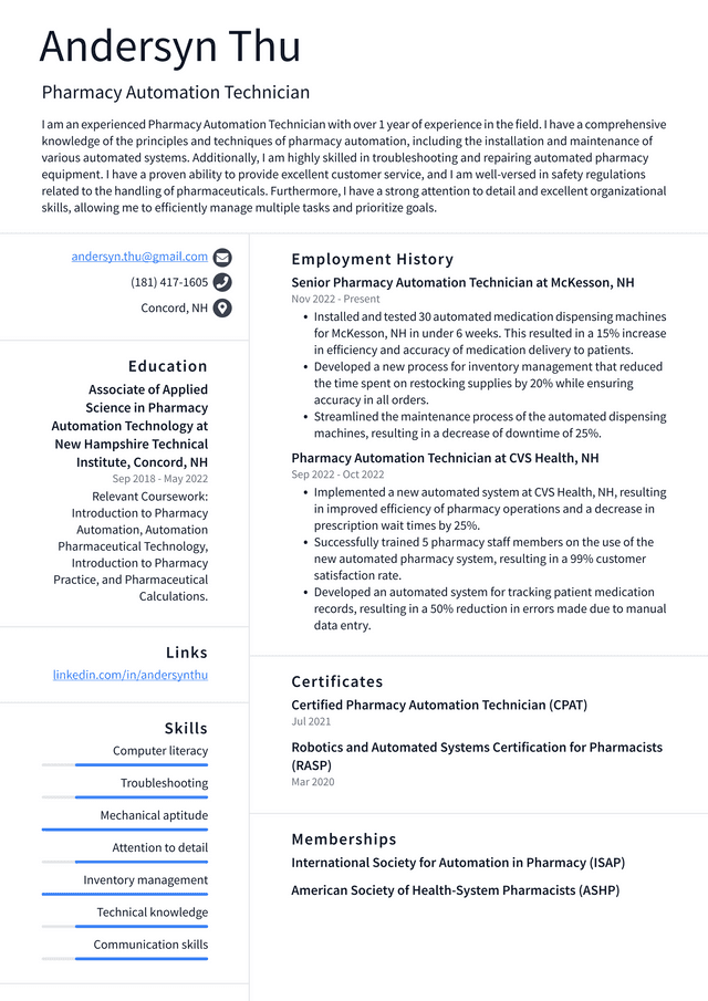 CVS Pharmacy Automation Technician Resume Example