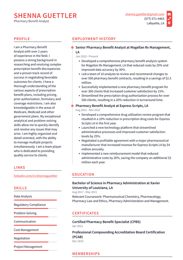 CVS Pharmacy Benefit Analyst Resume Example