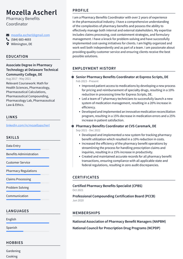 CVS Pharmacy Benefits Coordinator Resume Example