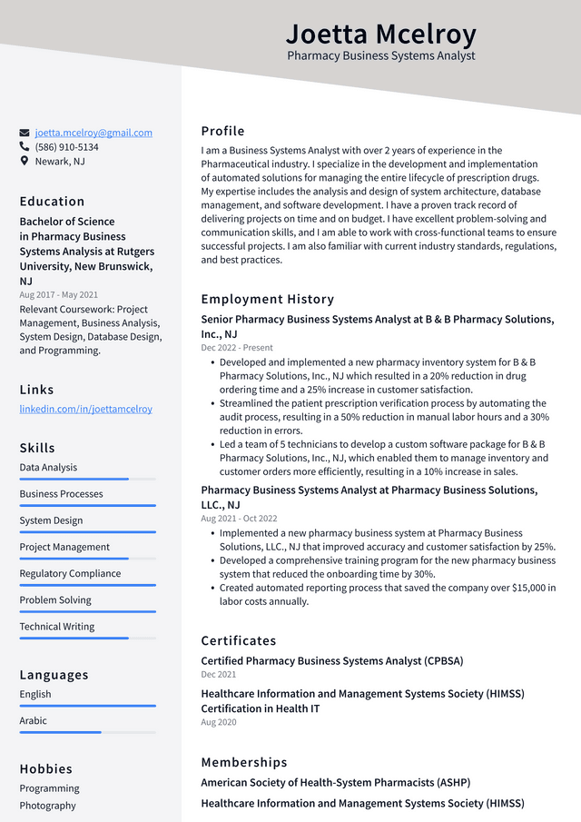 CVS Pharmacy Business Systems Analyst Resume Example