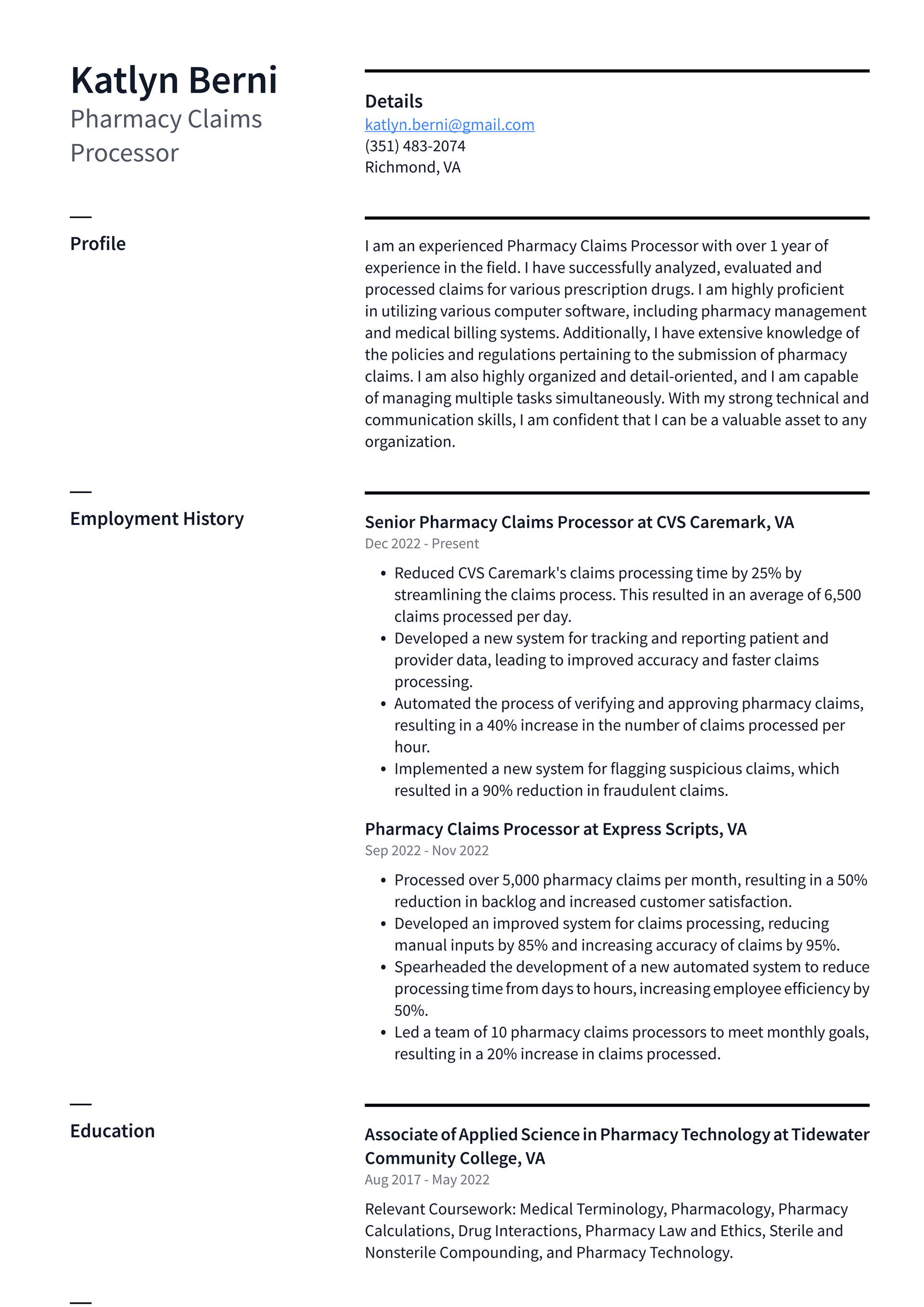 CVS Pharmacy Claims Processor Resume Examples | ResumeCat