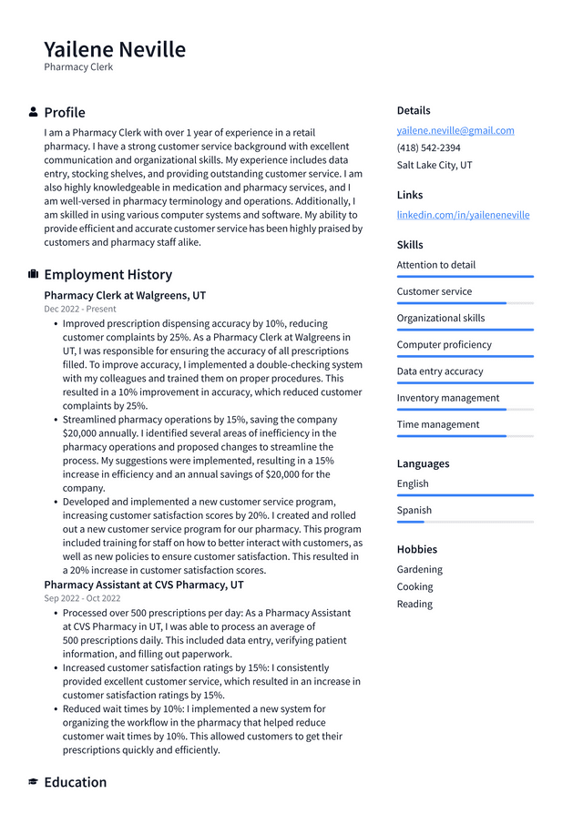 CVS Pharmacy Clerk Resume Example