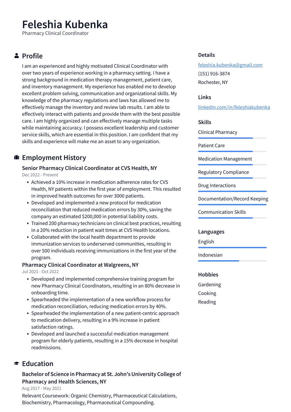 CVS Pharmacy Clinical Coordinator Resume Examples