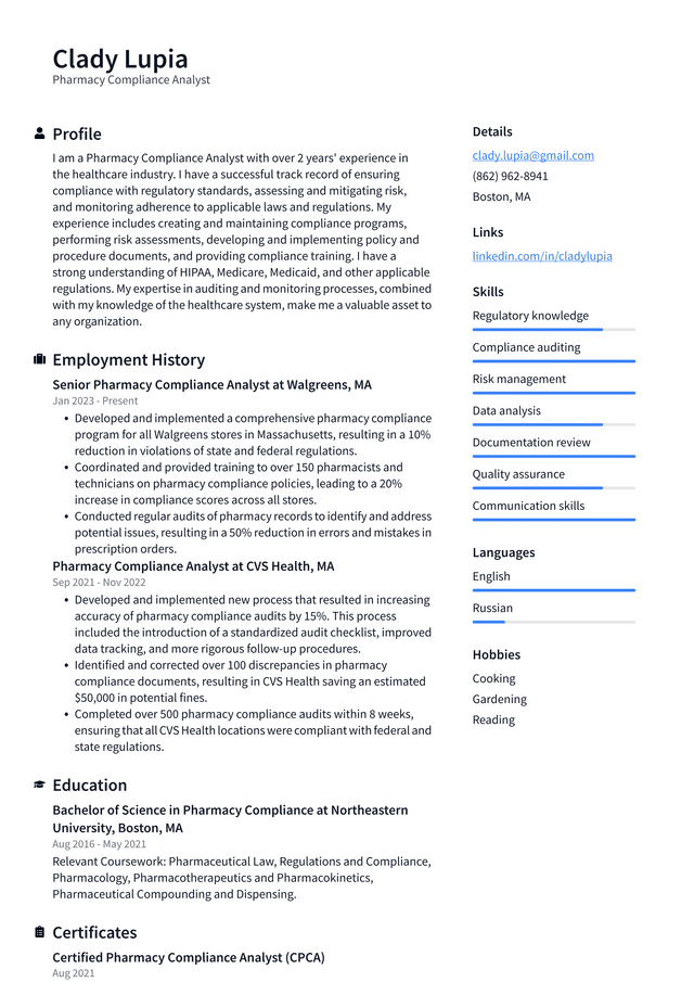 CVS Pharmacy Compliance Analyst Resume Example