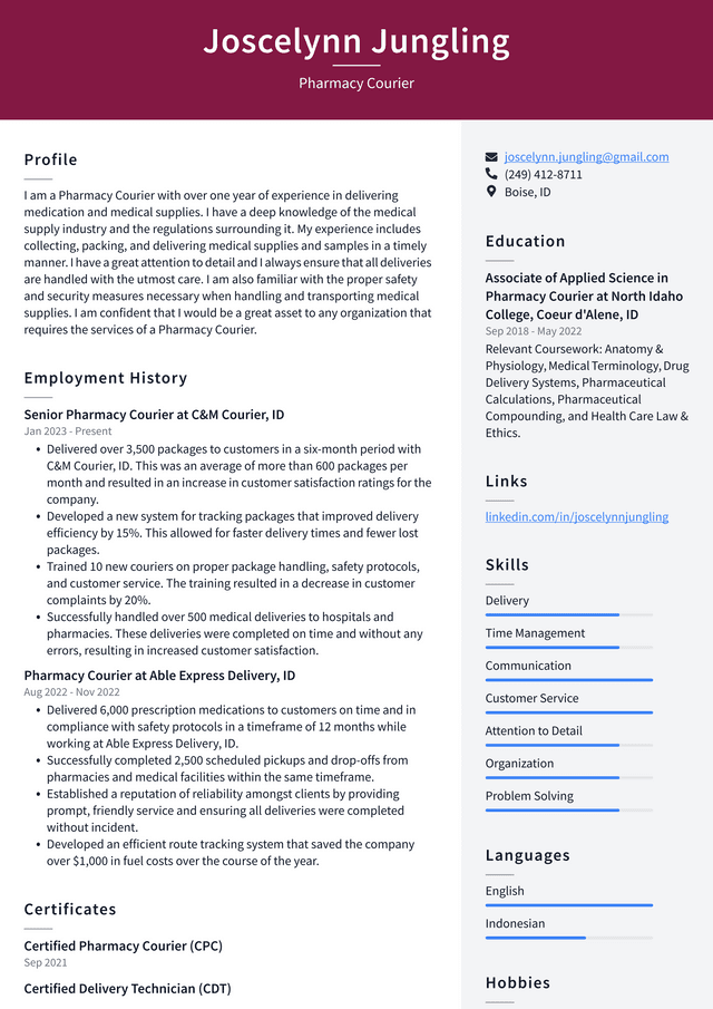 CVS Pharmacy Courier Resume Example