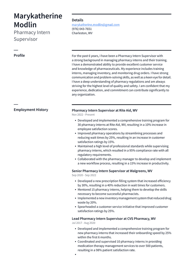 CVS Pharmacy Intern Supervisor Resume Example