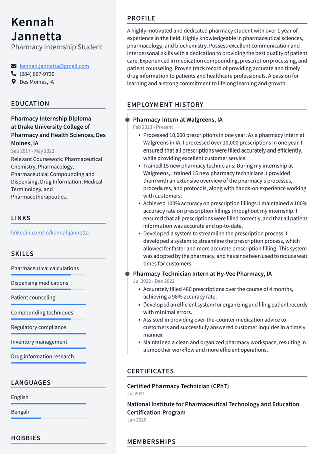 CVS Pharmacy Internship Student Resume Example