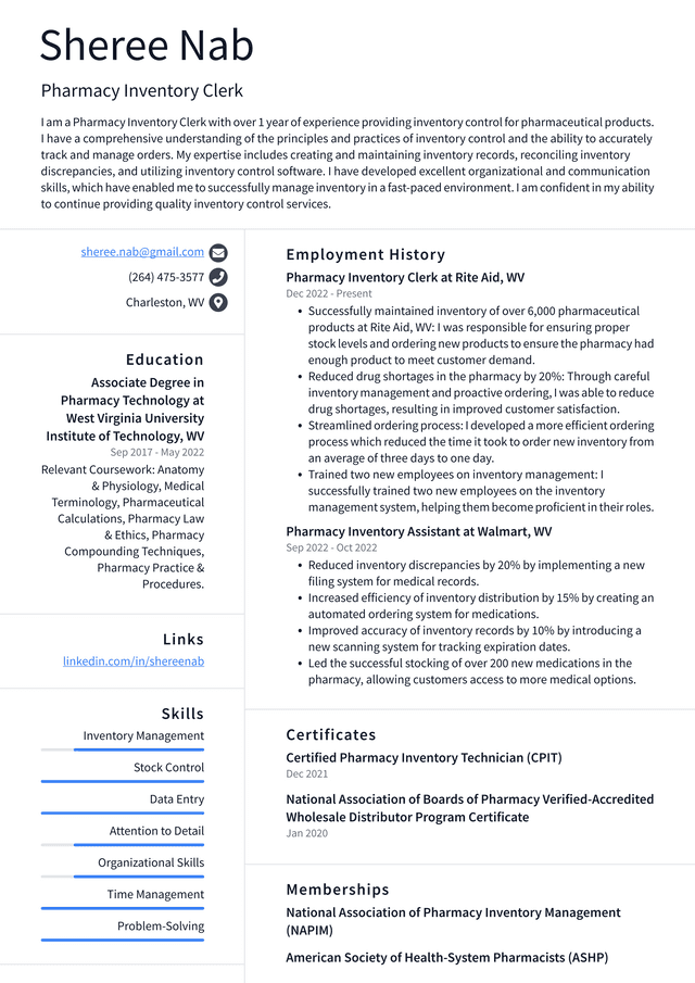 CVS Pharmacy Inventory Clerk Resume Example