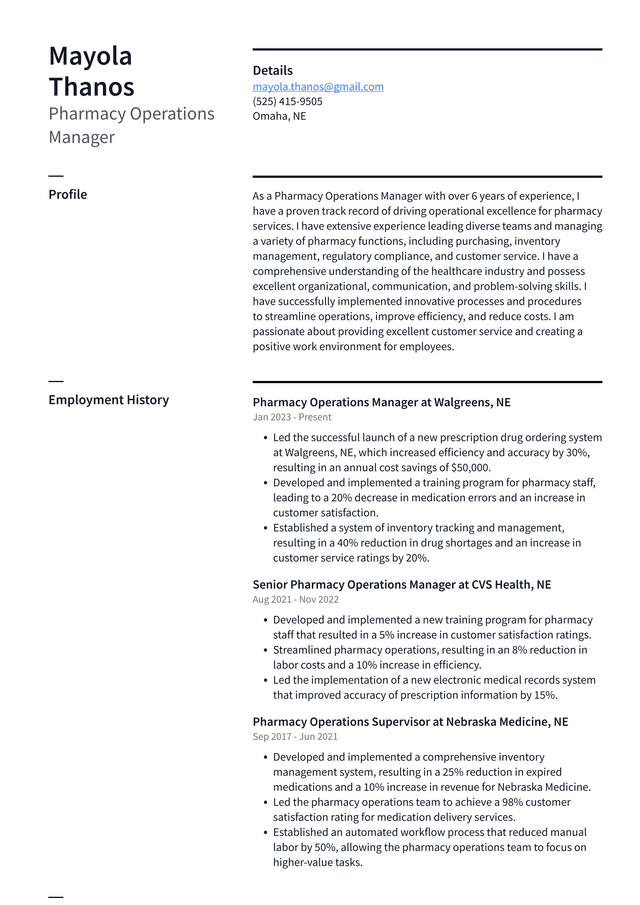 CVS Pharmacy Operations Manager Resume Example