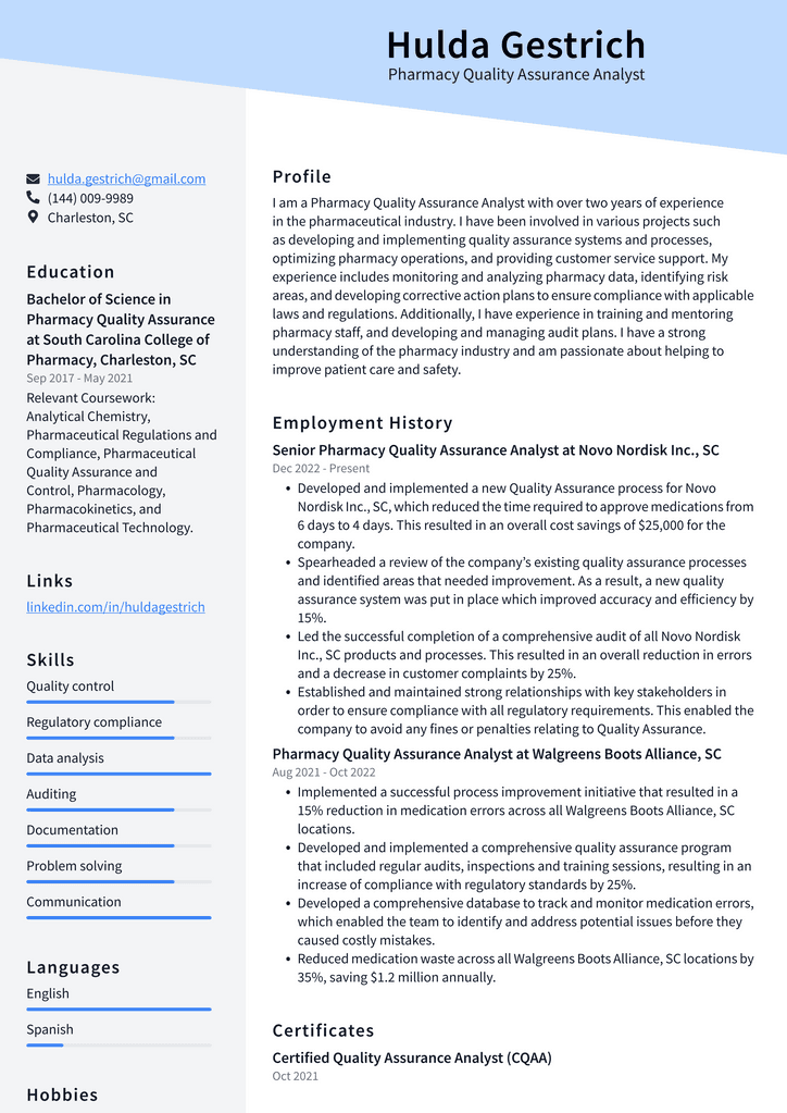 CVS Pharmacy Quality Assurance Analyst Resume Examples