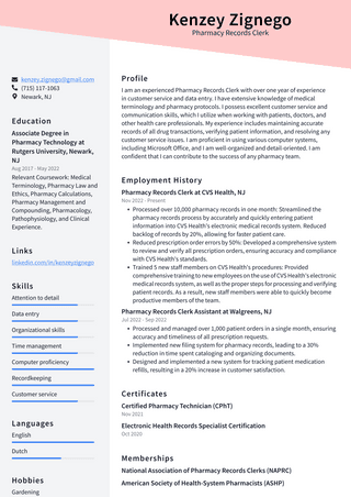 CVS Pharmacy Records Clerk Resume Examples | ResumeCat