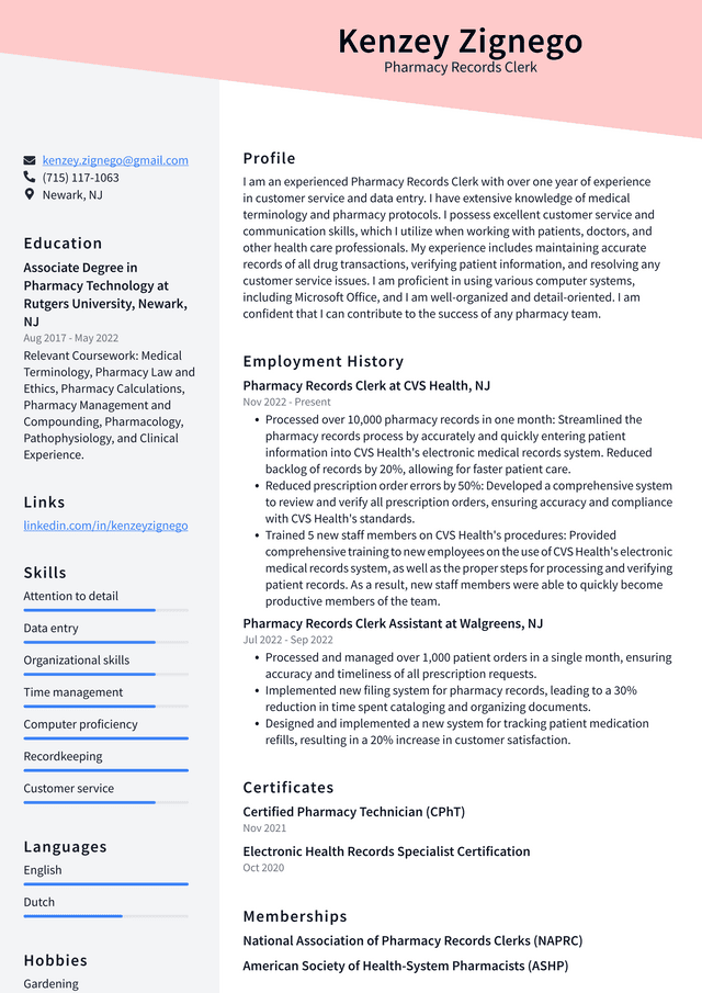 CVS Pharmacy Records Clerk Resume Example
