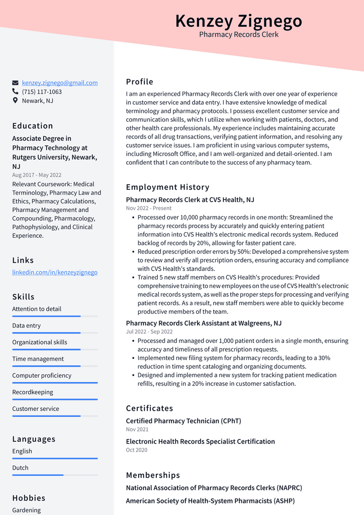 CVS Pharmacy Records Clerk Resume Examples ResumeCat