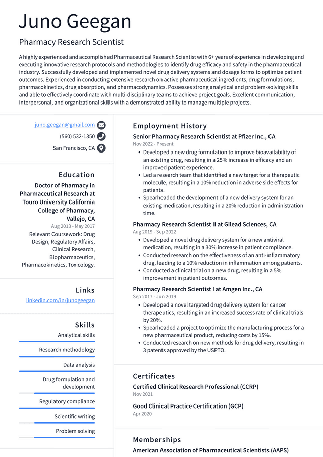 CVS Pharmacy Research Scientist Resume Example