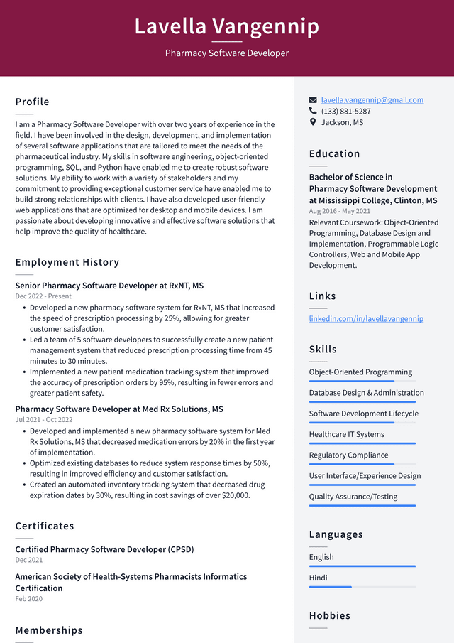 CVS Pharmacy Software Developer Resume Example