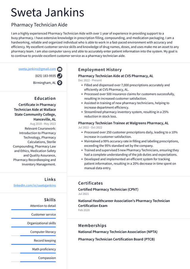 CVS Pharmacy Technician Aide Resume Example