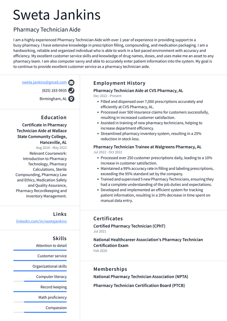 CVS Pharmacy Technician Aide Resume Examples | ResumeCat