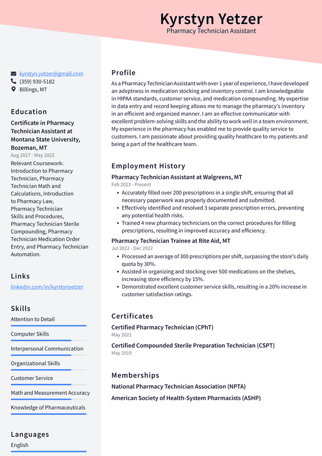 CVS Pharmacy Technician Assistant Resume Example