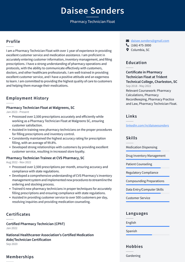 CVS Pharmacy Technician Float Resume Example
