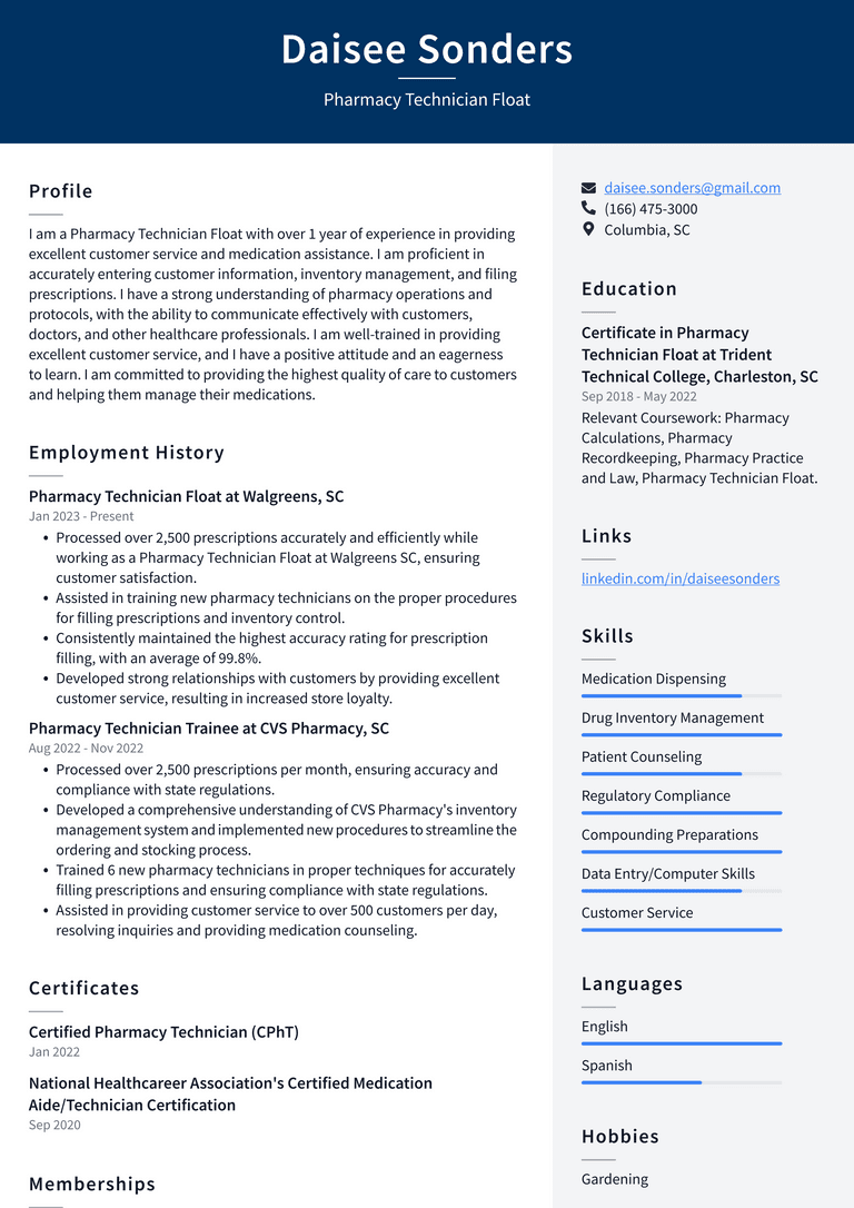 CVS Pharmacy Technician Float Resume Examples | ResumeCat