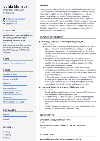 CVS Pharmacy Technician In-Training Resume Examples