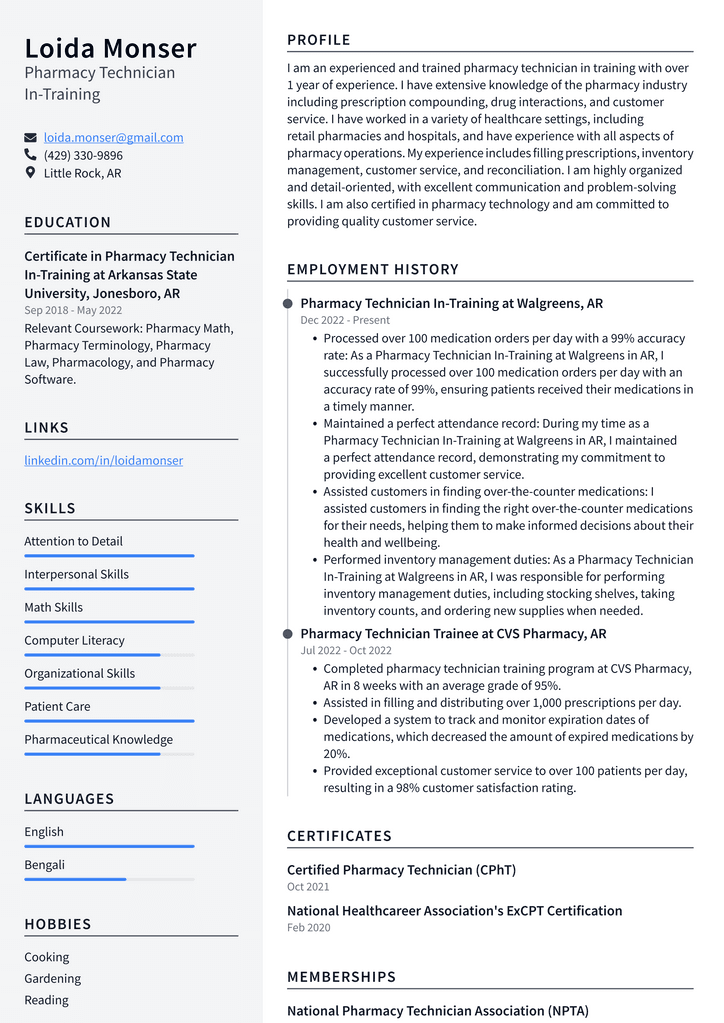 CVS Pharmacy Technician In-Training Resume Examples