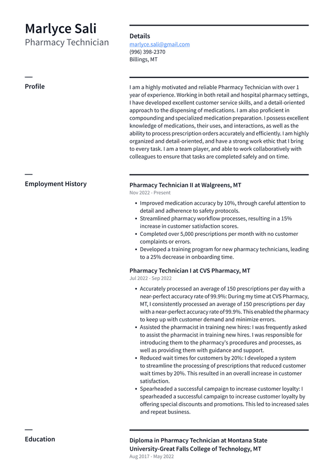 CVS Pharmacy Technician Resume Example