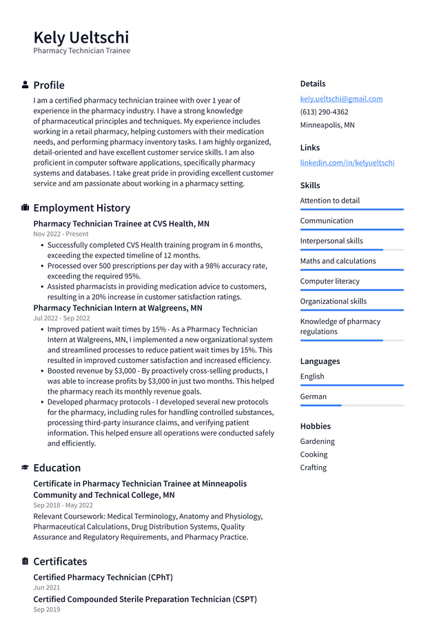 CVS Pharmacy Technician Trainee Resume Example