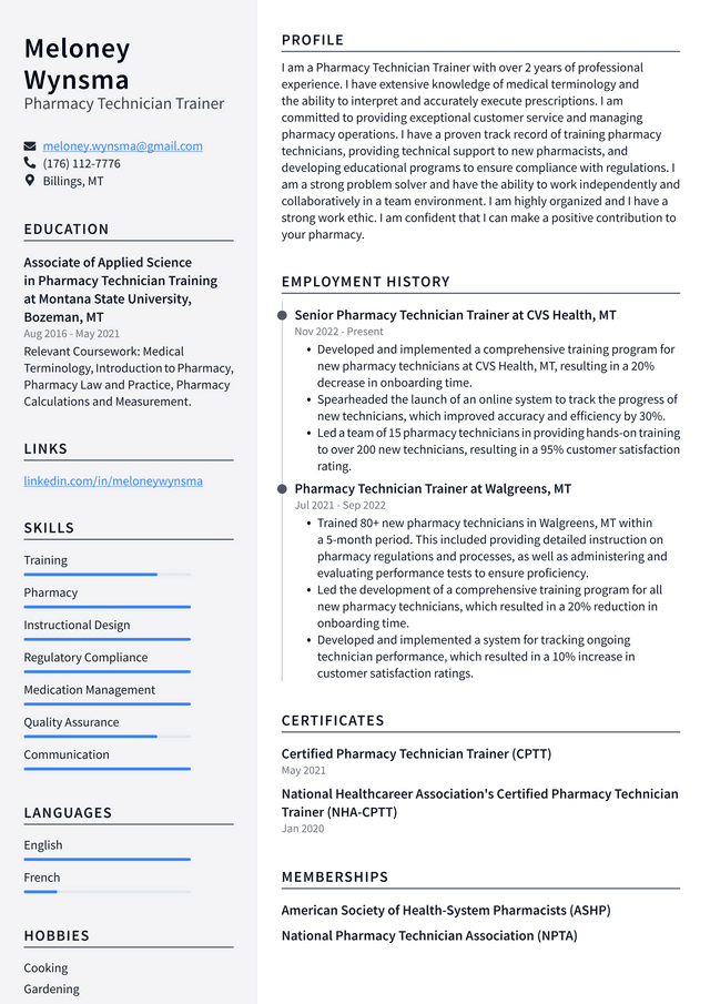 CVS Pharmacy Technician Trainer Resume Example