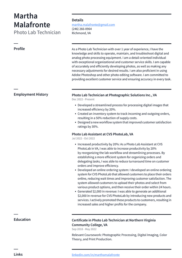 CVS Photo Lab Technician Resume Example