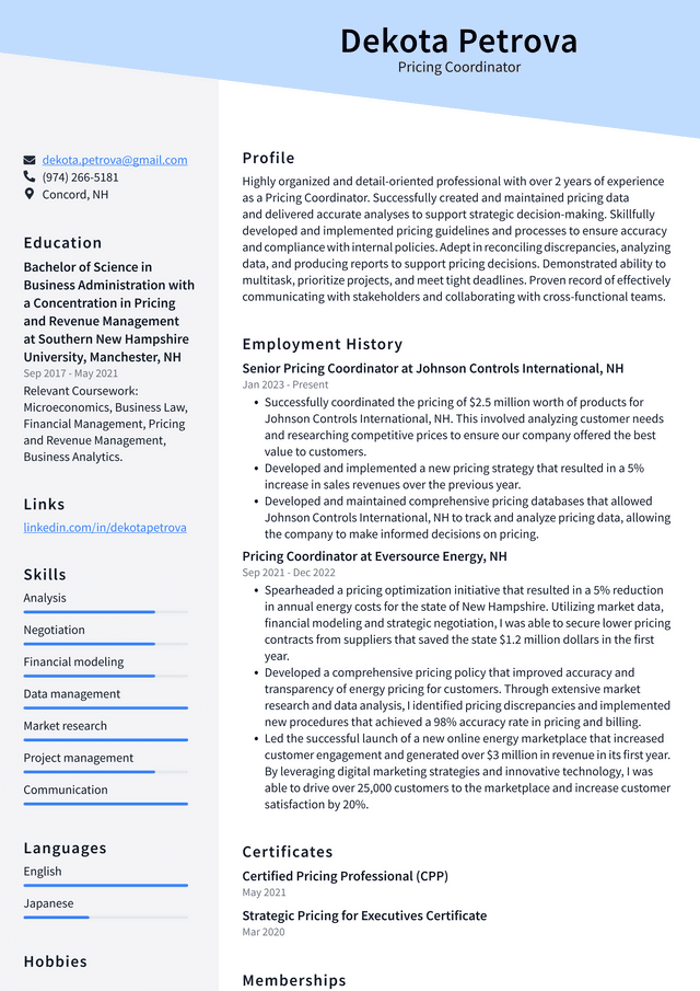 CVS Pricing Coordinator Resume Example