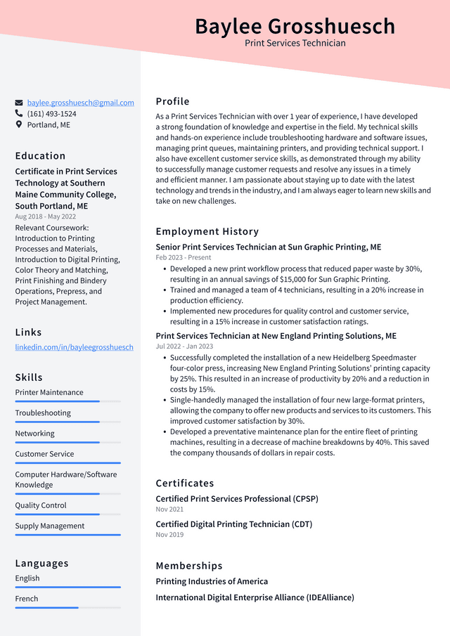 CVS Print Services Technician Resume Example