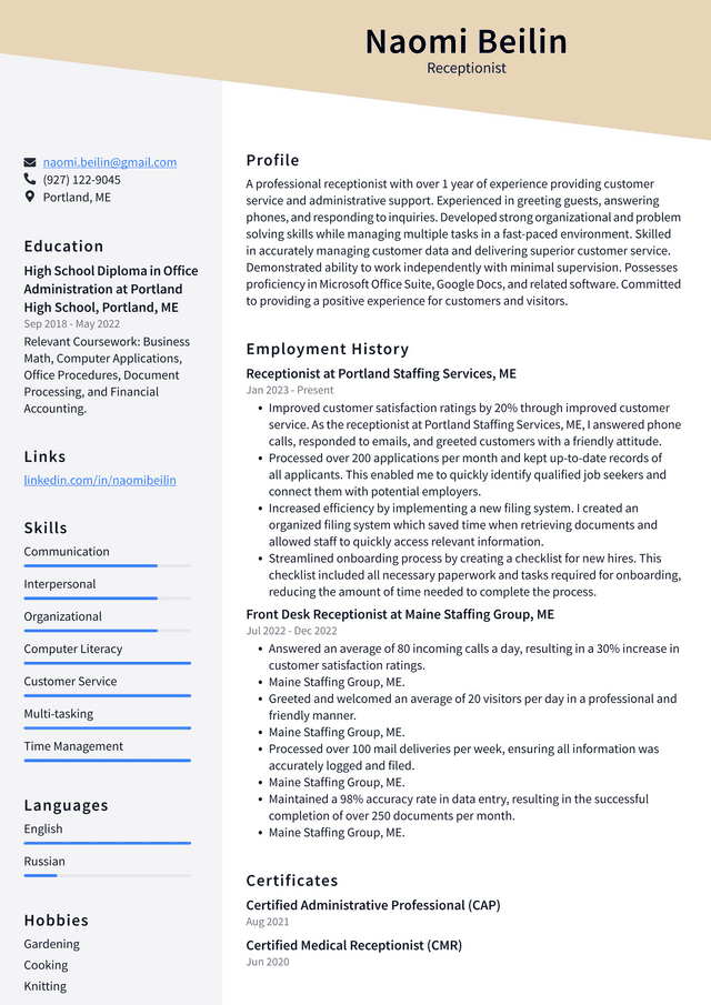 resume summary for experienced receptionist