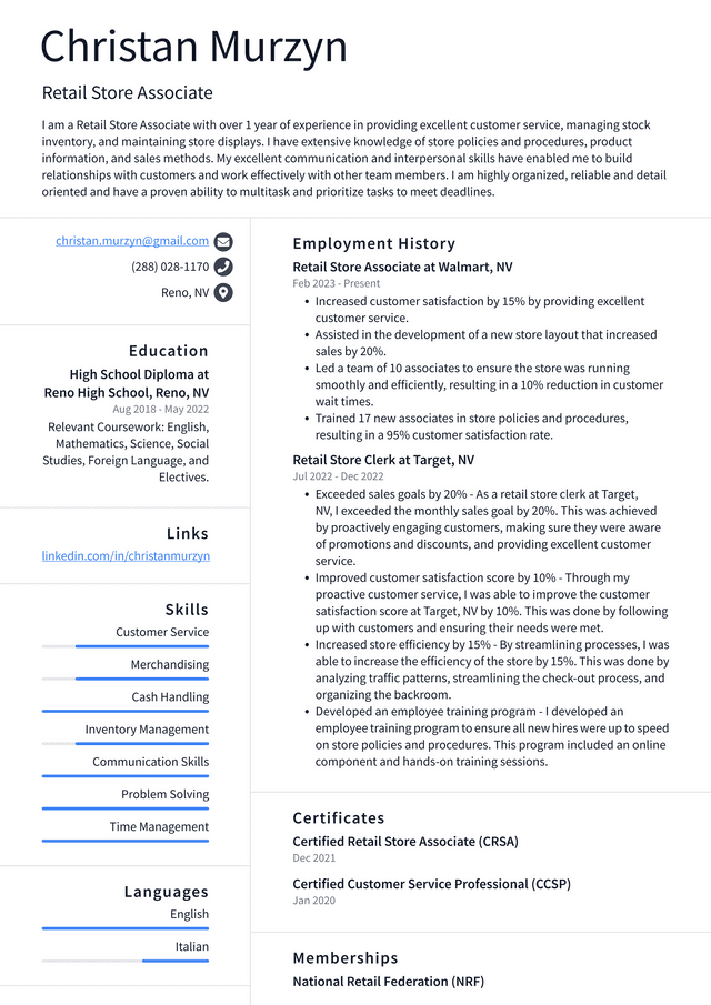 CVS Retail Store Associate Resume Example