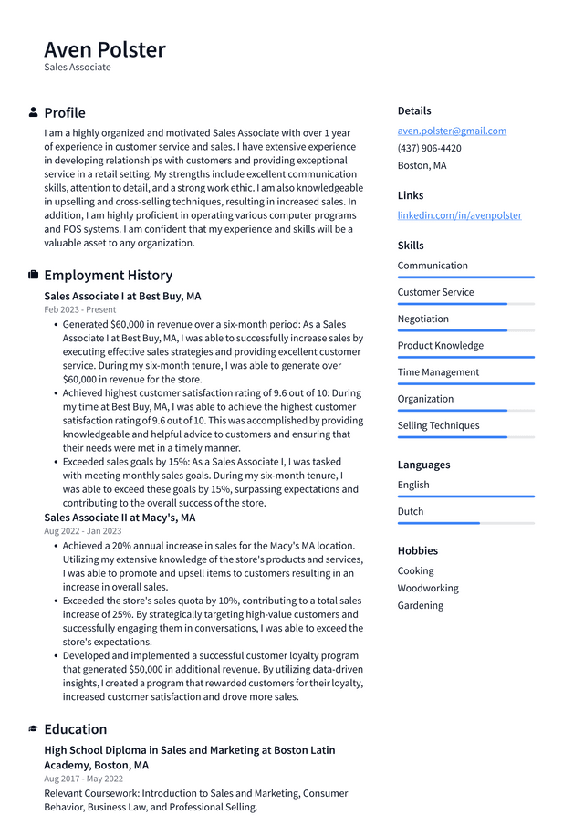 CVS Sales Associate Resume Example