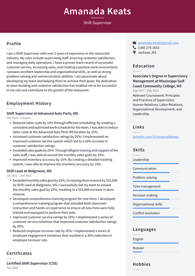 CVS Shift Supervisor Resume Example