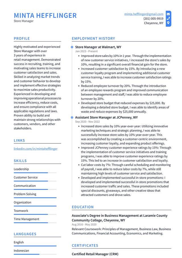 CVS Store Manager Resume Example