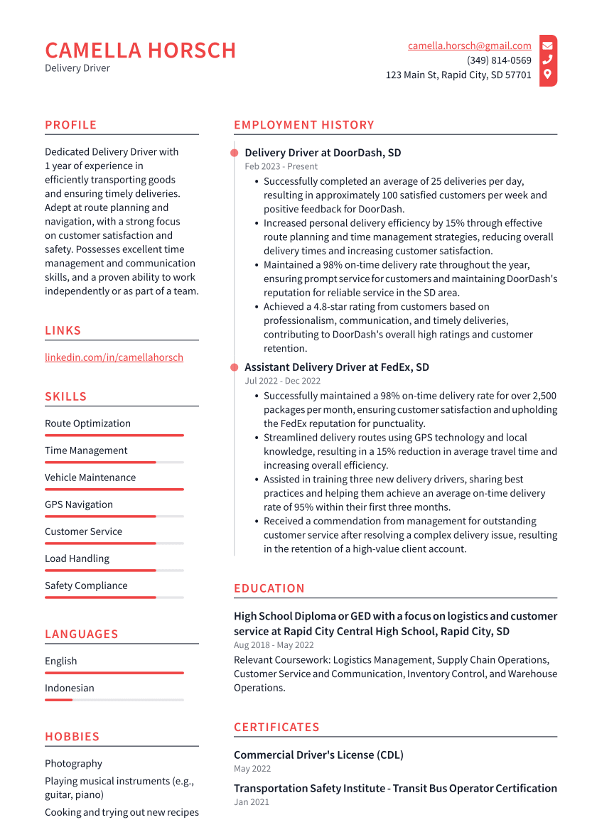 Delivery Driver Resume Example