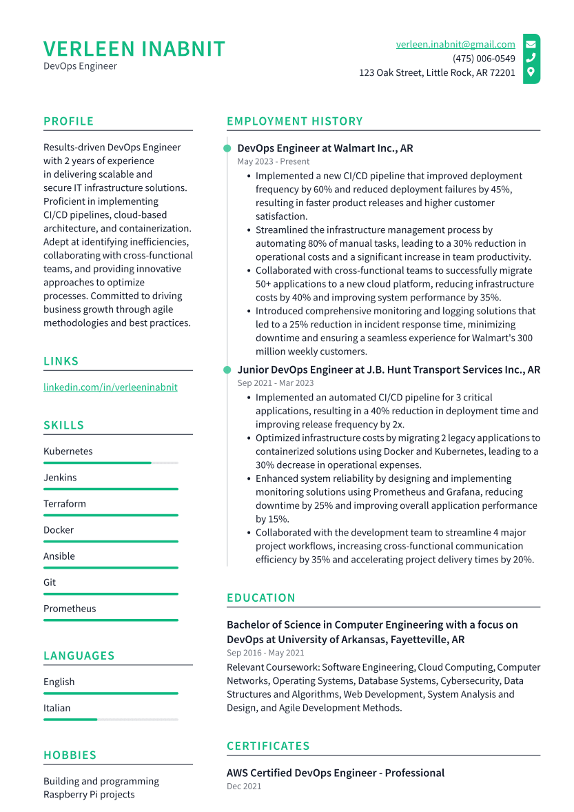 DevOps Engineer Resume Example